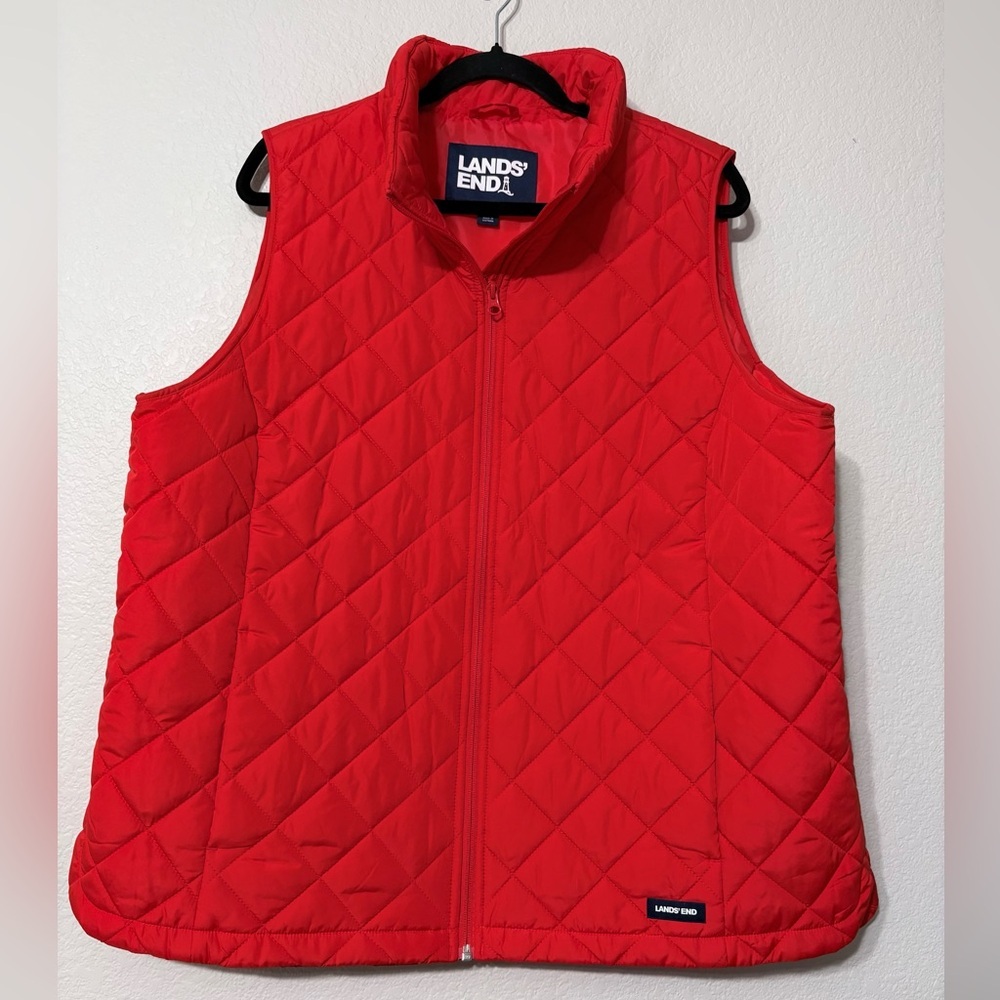 Lands' End Women's Vibrant Red Diamond Quilted Vest Puffer Pockets Stand Collar - Picture 2 of 12